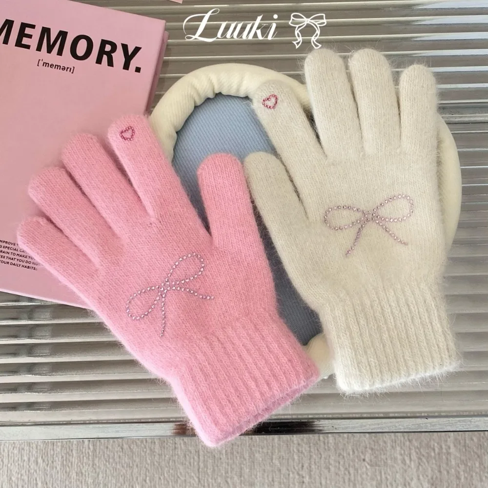 New Thicken Bowknot Gloves Warm Full Finger Skiing Gloves Stretch Gloves