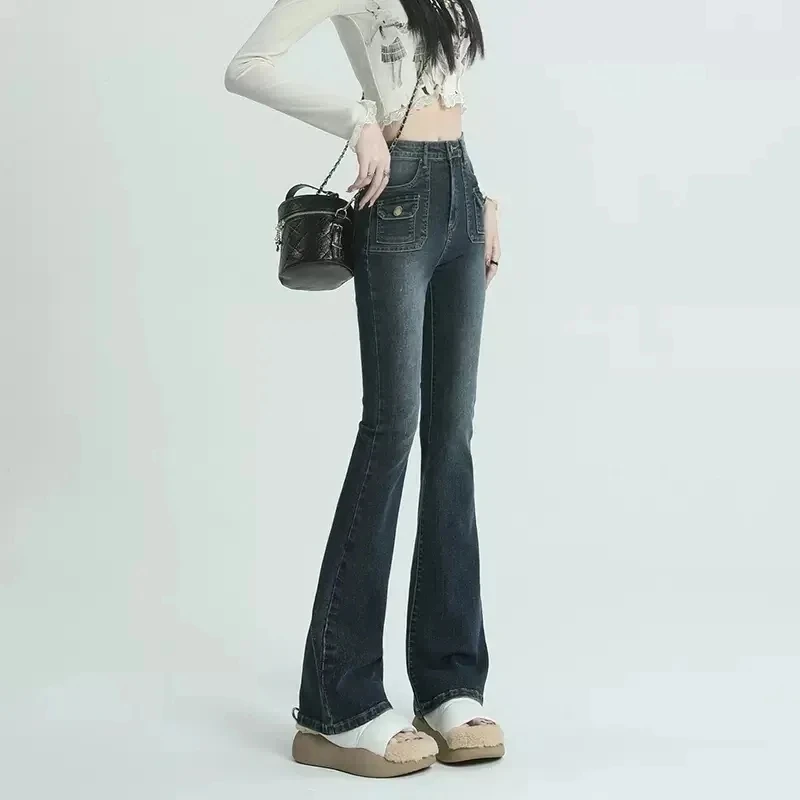Women Streetwear High Waist Flare Jeans Spring Fall Korean Design Retro Bell-bottoms Vaqueros Skinny Stretch Korean Denim Pant