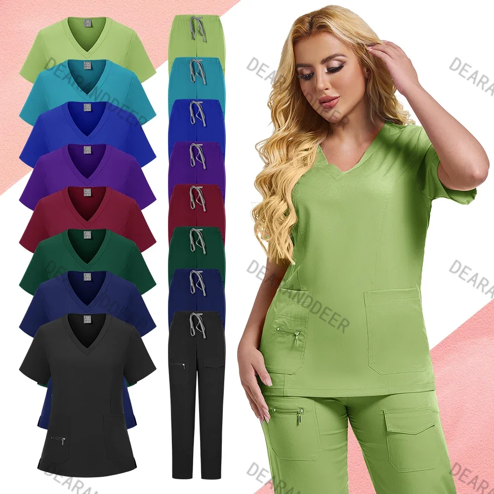 

New style women's multi-color uniform short-sleeved shirt + zipper pocket pants pet care store doctor medical operation set