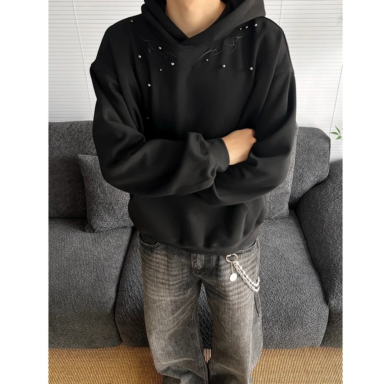 جديد الأمريكية الرجعية العمود الفقري التطريز برشام الحرفية نمط الرجال هوديي Harajuku القوطية فضفاض عارضة الرجال أعلى #1