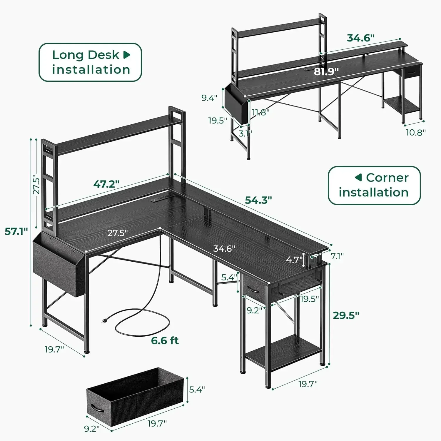 L-vormig bureau, gamingbureau met LED-verlichting en stopcontacten, computerbureau met opbergplanken