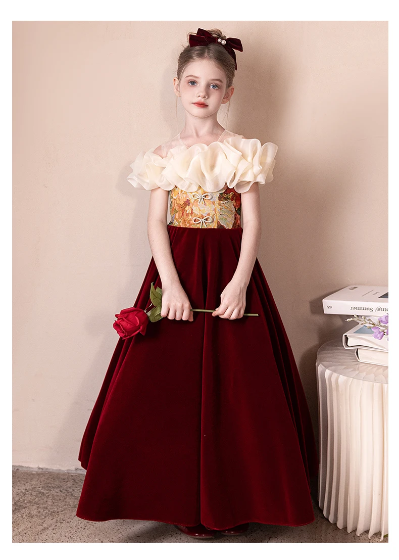 Luxuriöse formelle Kleider aus Samt für Mädchen für Kirchenkommunion, Konzerte, Bankette – elegantes bodenlanges Design