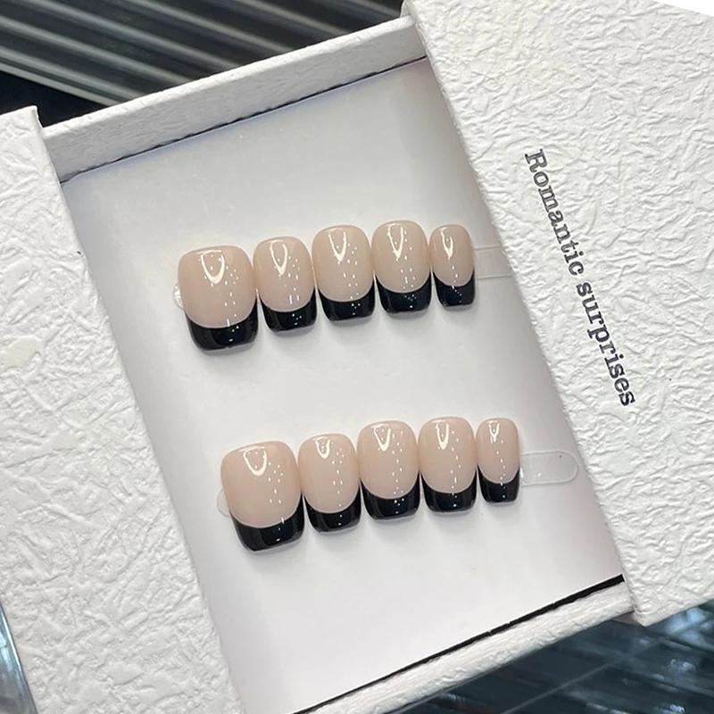 

10 шт./компл. пресс для ногтей розовый черный французский ноготь ручной работы короткие квадратные стильные накладные ногти маникюр носимые типсы искусство для женщин