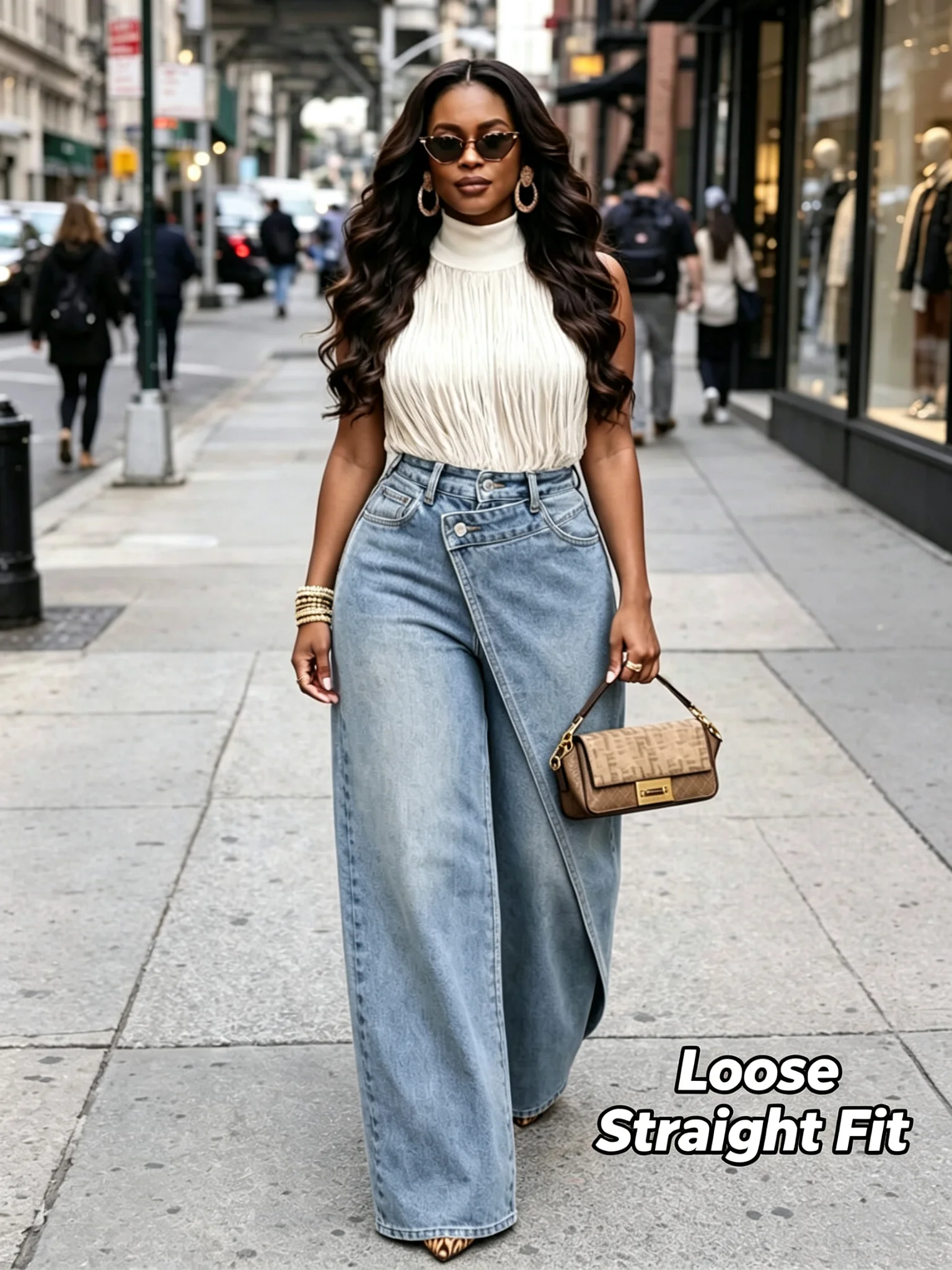 2026 New Women High Waist Wide Leg Jeans Asymmetrical Wrap Front Design Loose Straight Denim Pants Casual Office Wear Trousers