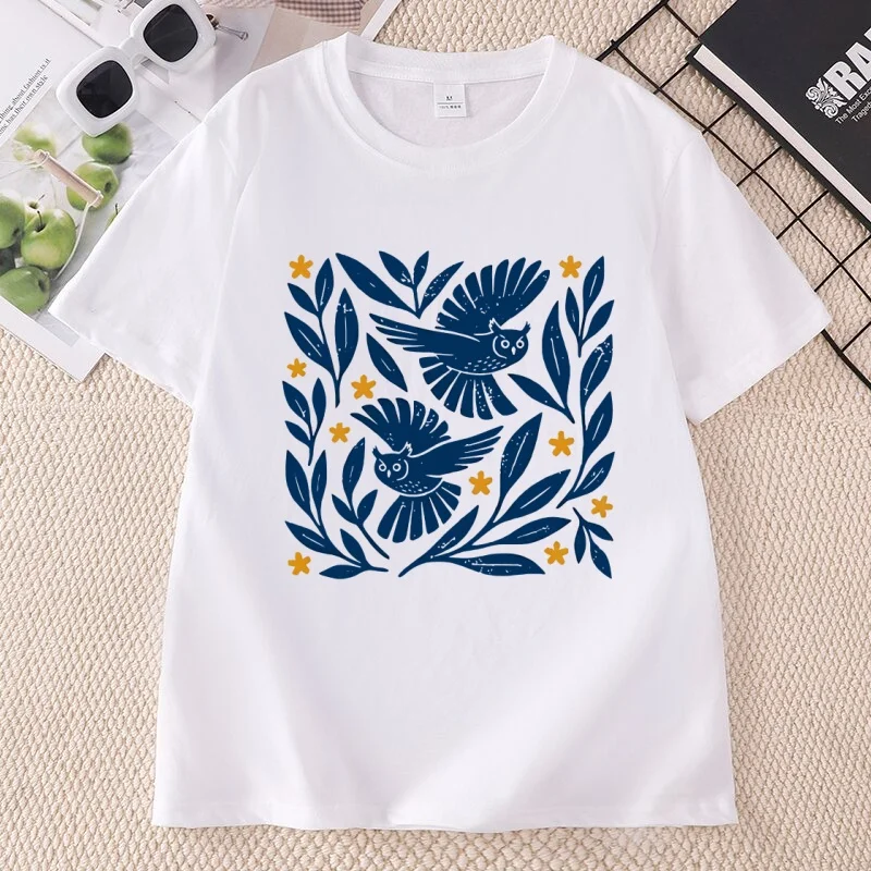 Owl T Shirt Men Women Folk Art Bird Tee Bird Lover Tees Casual Round Neck Printed Cotton Short Sleeve Tshirts Woman Clothing