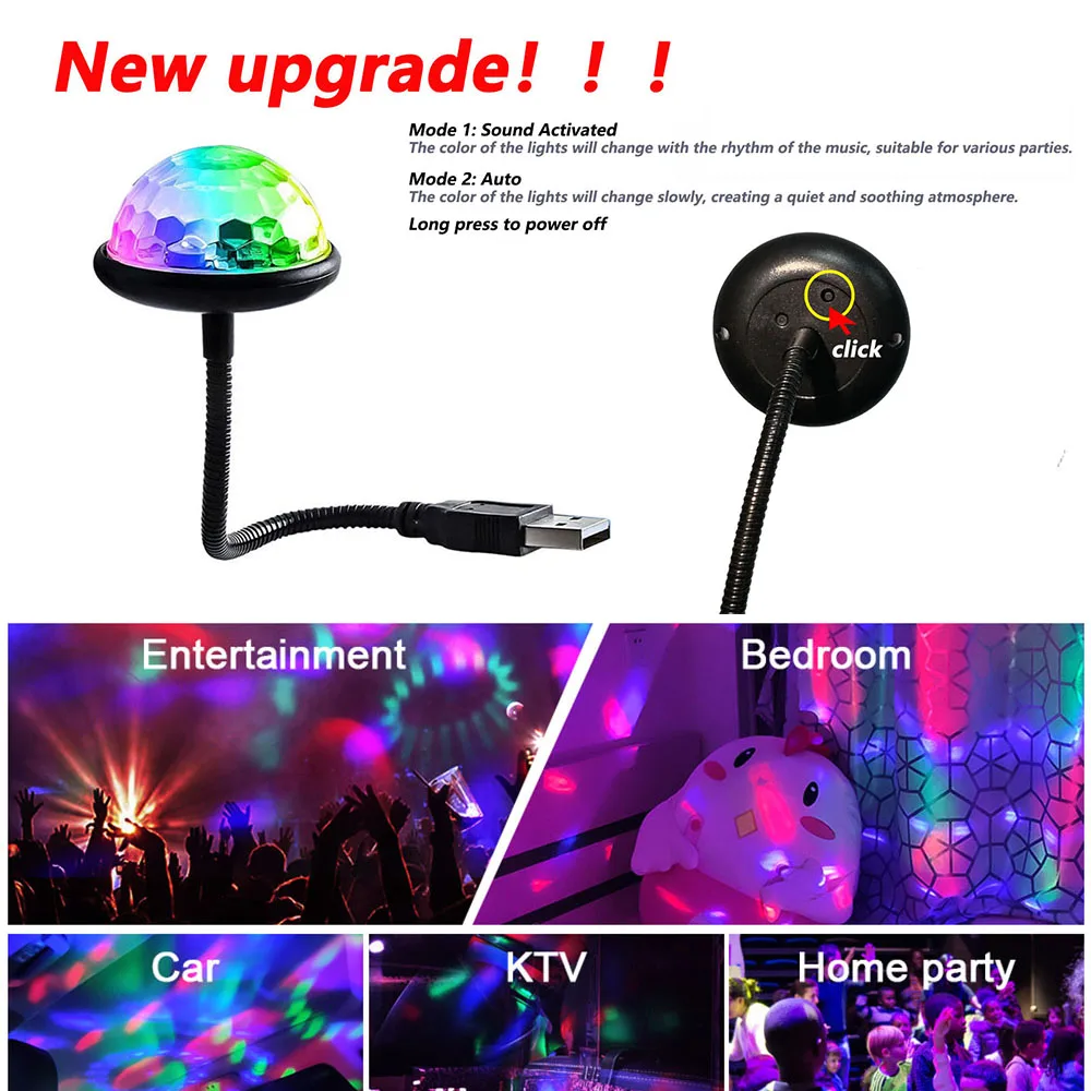 Mini luces de bola de discoteca USB RGB, iluminación de Dj, fiesta de sonido, luz de ambiente de coche multicolor automática, decoraciones de habitación, lámpara estroboscópica