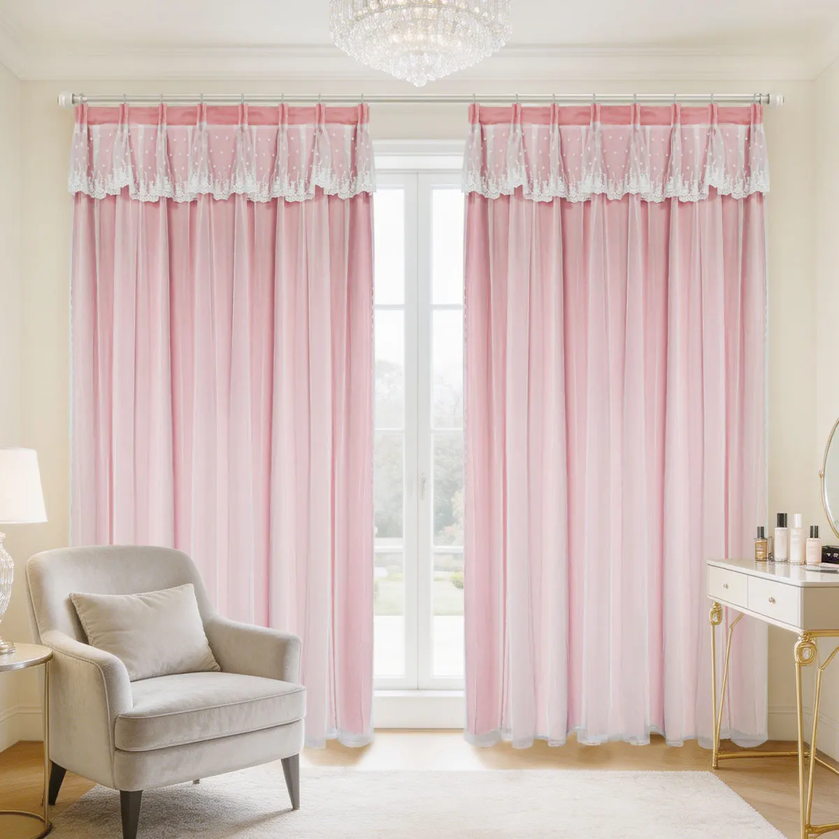 2 Panels Pink Sheer Curtains with Lace Valance, Korean Sweet Girl Ins Style, Polka Dot Lace Top Light Filtering Window Sheers fo