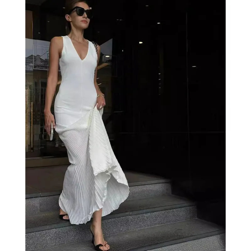 

Tossy Knit V Neck Elegant Maxi Long Dress Sexy Sleeveless Slim Stitching Fold Beach Vacation Party Female Dress Knitwear Outfit