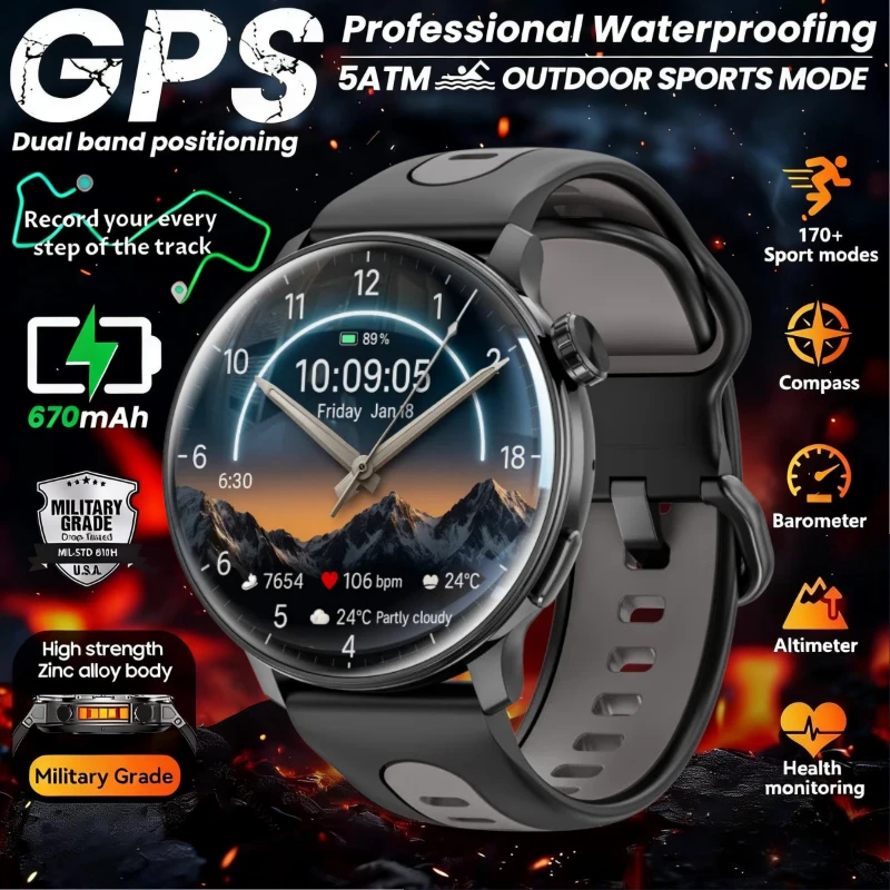 

GPS Positioning Watch 1.43” AMOLED IP68 Waterproof Heart Rate Blood Oxygen Monitor Altimeter Compass Multi-Sport Mode Watch