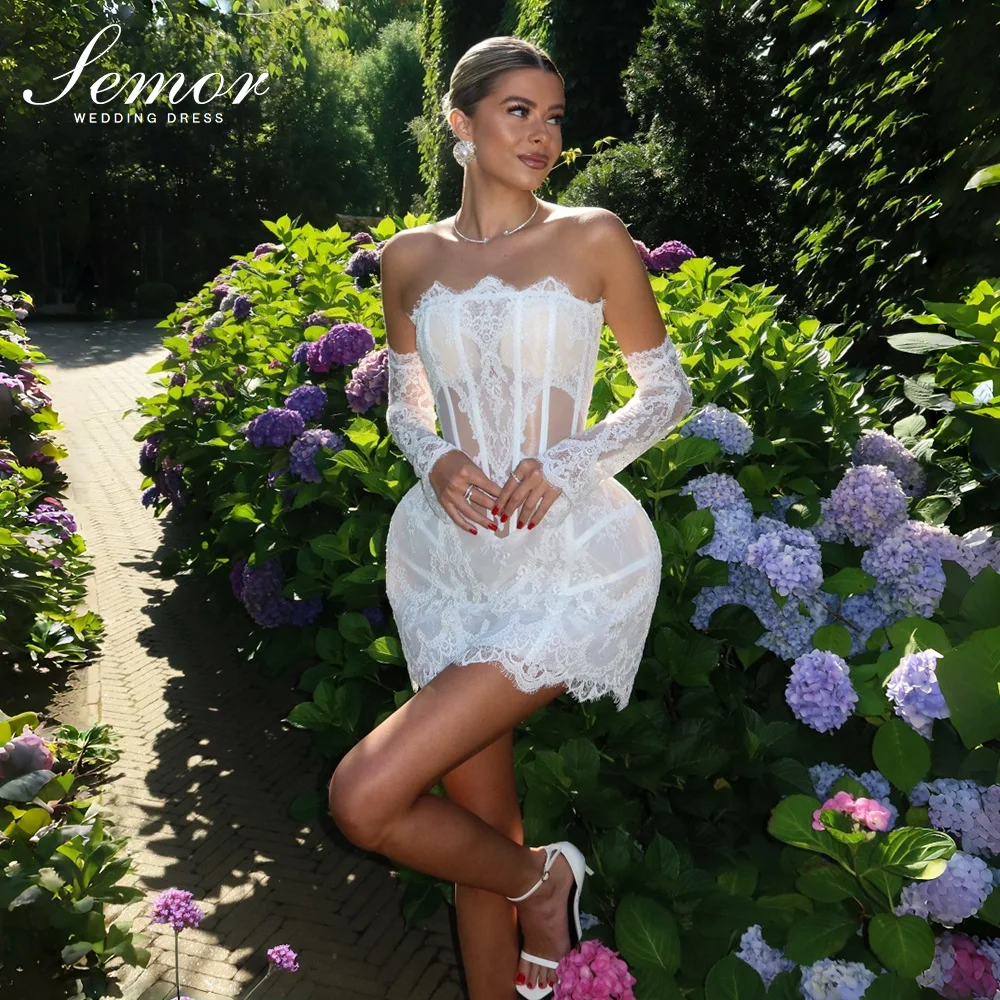 Semor Customized Lace Mini Wedding Dress Lace Strapless Removeable Sleeves Celebrate Bridal Gown Short vestidos de novia 2027