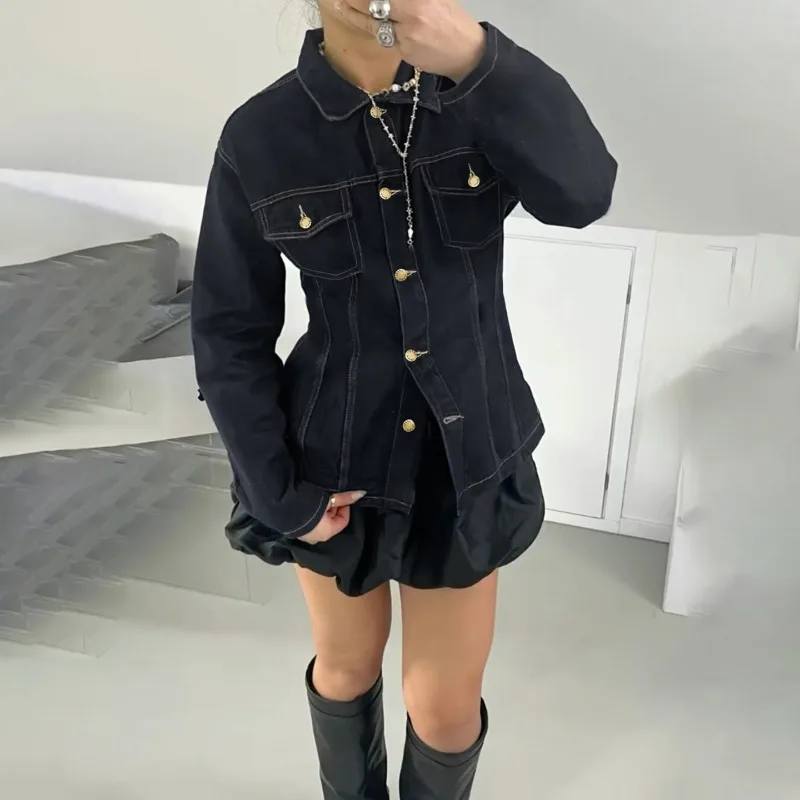 Talenza Women Vintage Denim Jacket Fashion Y2K Patchwork Casual Long-Sleeved Denim Coats Top Autumn Women New Streetwear Outfits