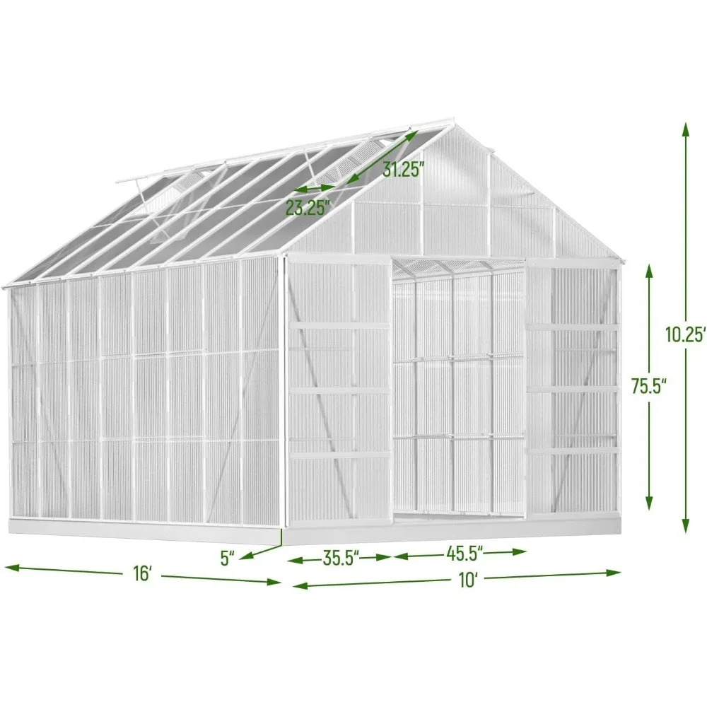 Greenhouses ,10' X 16' Outdoor Aluminum Greenhouse Polycarbonate with Adjustable Roof Vent and Sliding Door, Greenhouse