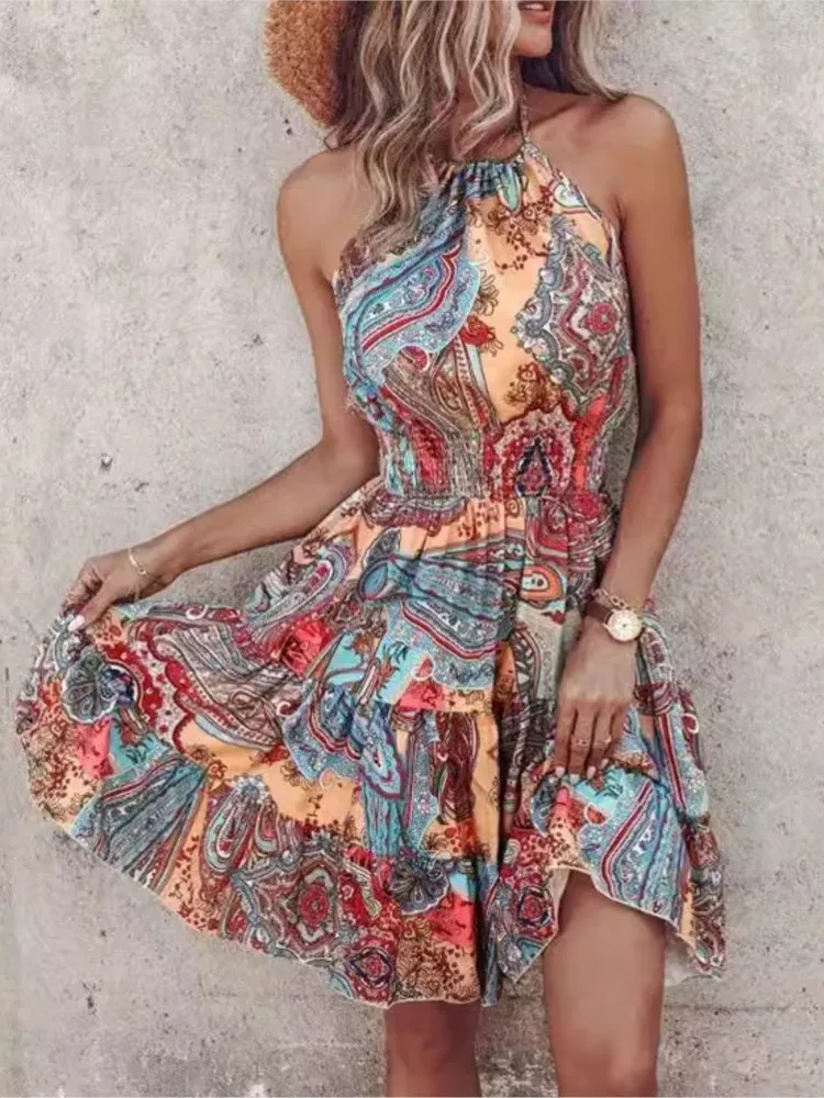 

New Summer Sexy Off-the-shoulder Strap Mini Dress Bohemian Women's Fashion Print Elastic Waist Backless Beach Vacation Dresses