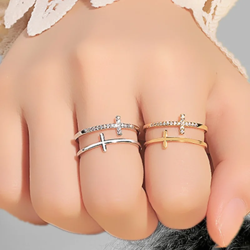 Elegant Double Cross Ring for Women Adjustable Stainless Steel Pinky Ring - Dainty Christian Jewelry Minimalist Stackable Gift