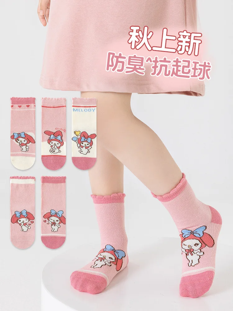 5 Pairs Sanrio My Melody Kids Socks Melody Kawaii New Fall Winter Cartoon  Children Mid-calf Socks Cotton Sock for Girls Gifts