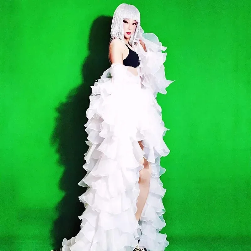 Femmes chanteur scène longue cape blanc Floral châle queue Long manteau Sexy Bar discothèque fête DJ danseur spectacle Performance Costume