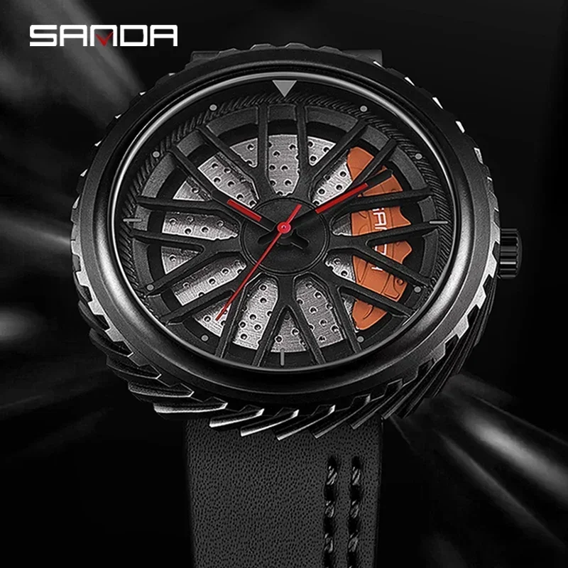 SANDA P1042 Men's Watches Rim Hub Wheel Wristwatches Male Clock Sport Car Custom Design Creative WristWatch Relogio Masculino