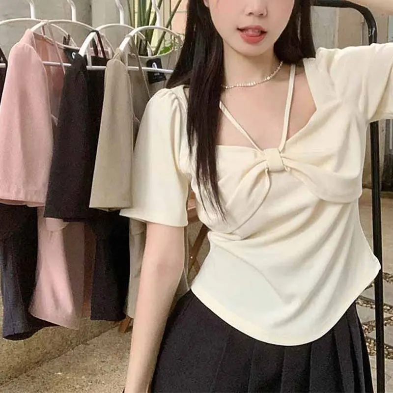 

Women's Clothing Stylish Bow Slim Pullovers Summer Irregular Solid Color All-match Elegant Square Collar Short Sleeve T-shirt