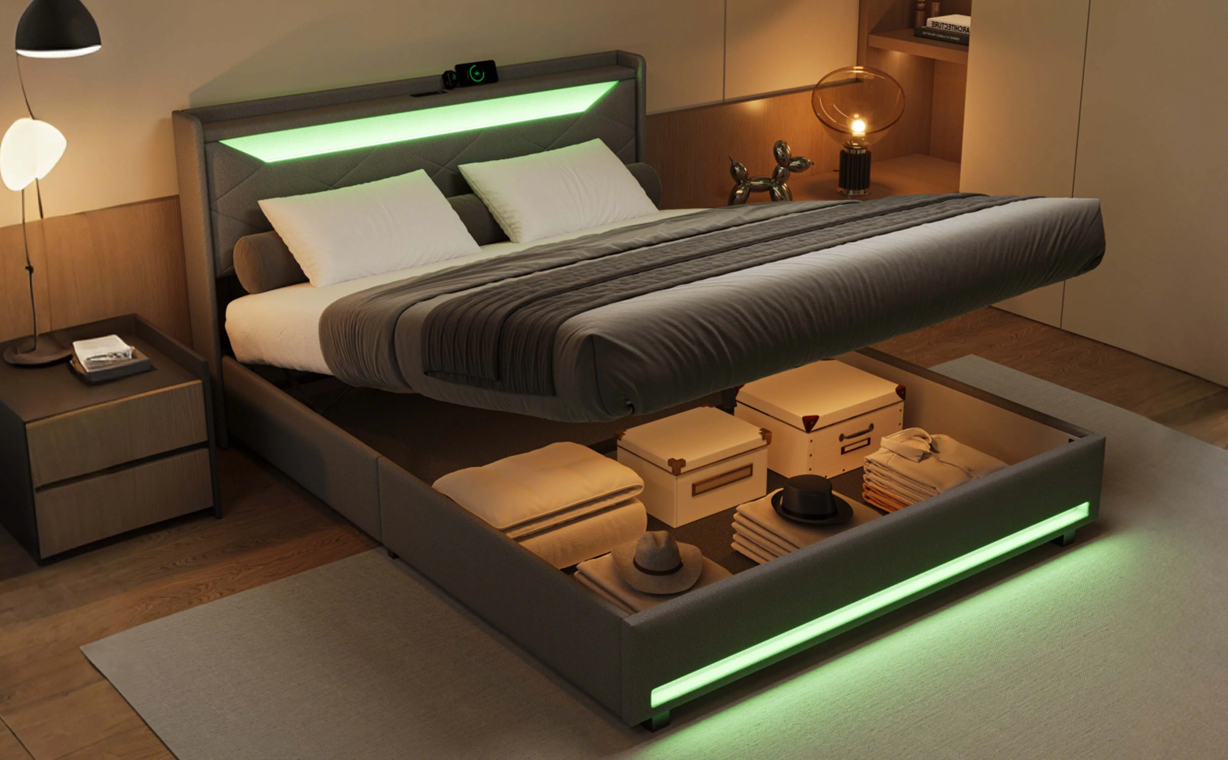 Comanlai Doppelbettgestell, 140x200cm, Graues Polsterbett mit LED-Beleuchtung und USB-Anschluss, Gasdruck-Stauraumbett, Bettgestell mit Stauraum – Detail 2