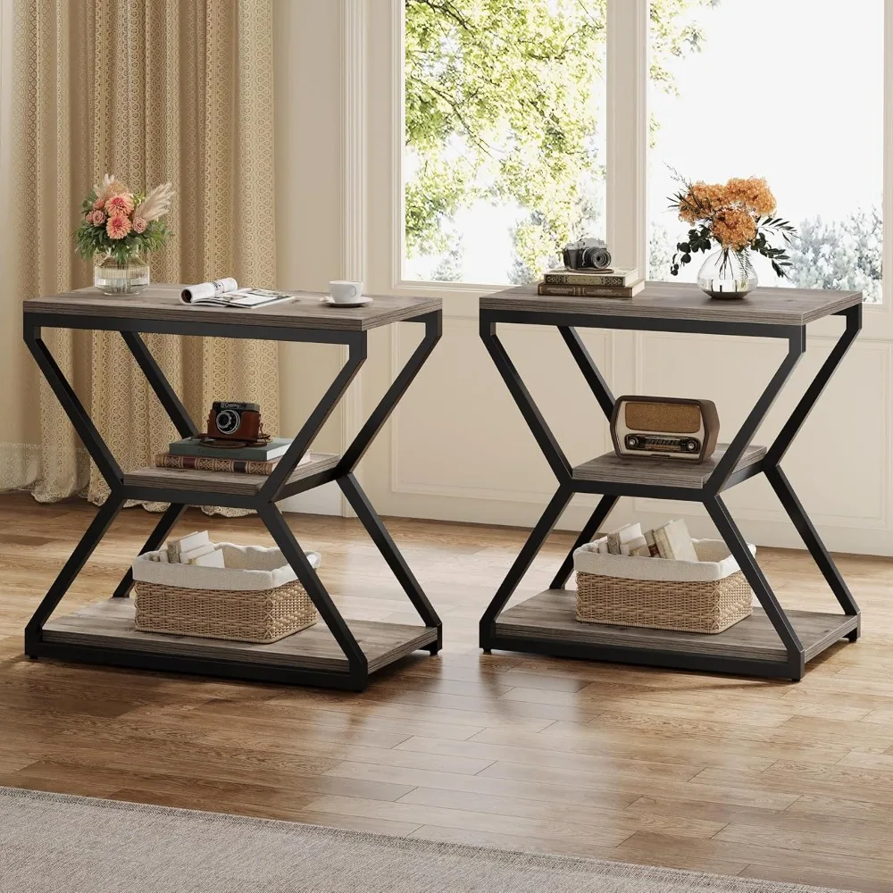 

Industrial End Side Table with Storage Shelves, Small Sofa Table for Living Room,Wood Accent Bedside Nightstand with Metal Frame