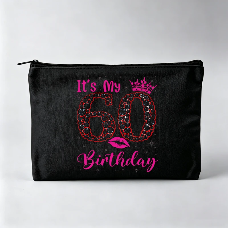 60th Birthday Rhinestone Number Print Makeup Bag, Fashion Cosmetic Pouch for Birthday Celebration