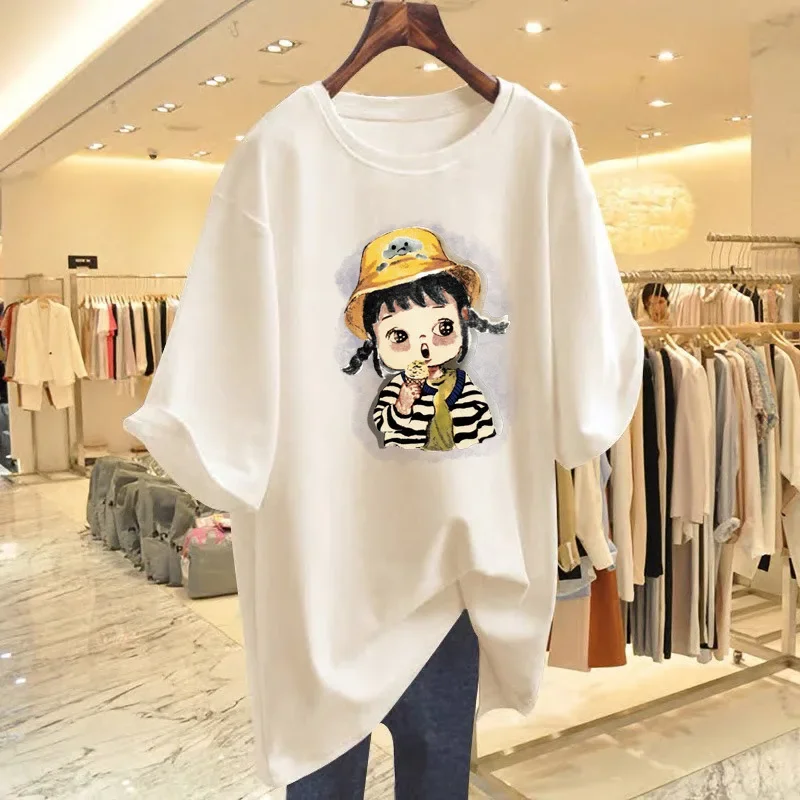 Pure Cotton Short Sleeve T-Shirt Women's Summer New Style Shoulder round Neck Loose Large Size Fashion Printing Mid-Length Butt