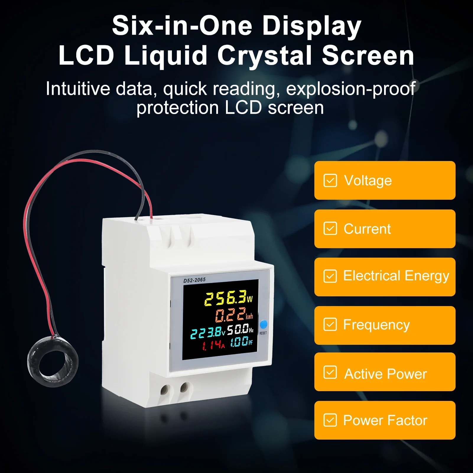 6 in 1 Digital Energy Meter 100A Single Phase Din Rail AC Voltage Current Power Factor Active KWH LCD Electricity Usage Monitor