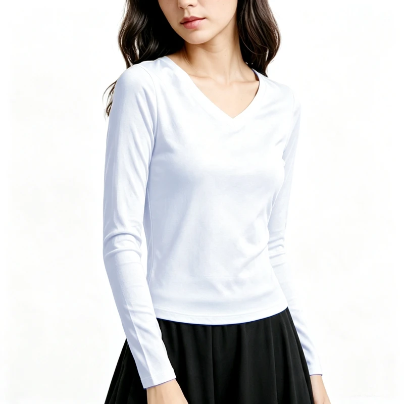 Damen Langarm V-Ausschnitt Slim Fit T-Shirt, Einfarbig, Weich, Dehnbar, Gestricktes Unterhemd, Casual Alltags-Unterwäsche für Frauen Q43 – Detail 9