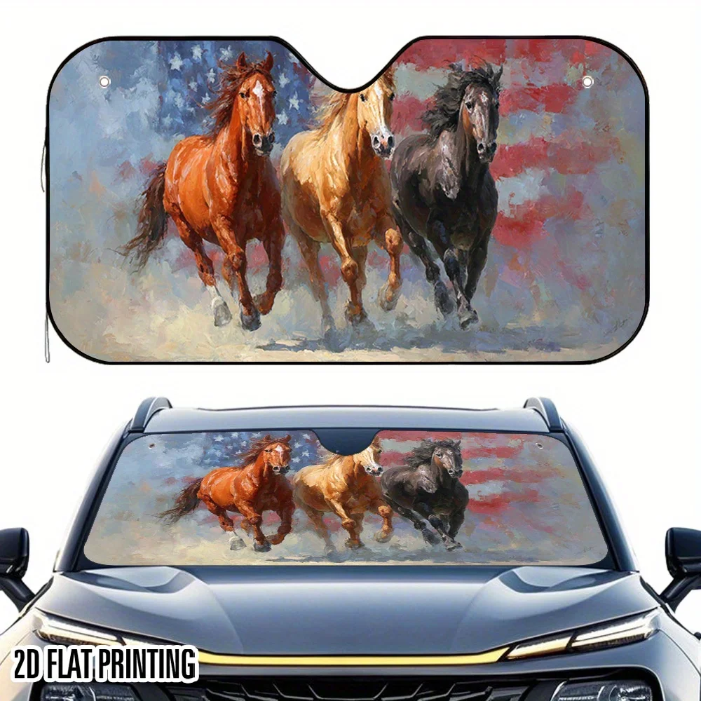 1pc 2D Flat Freedom Flag Horses Print Car Sunshade with 4 Suction Cups High-Quality Foldable Car Sun Visor