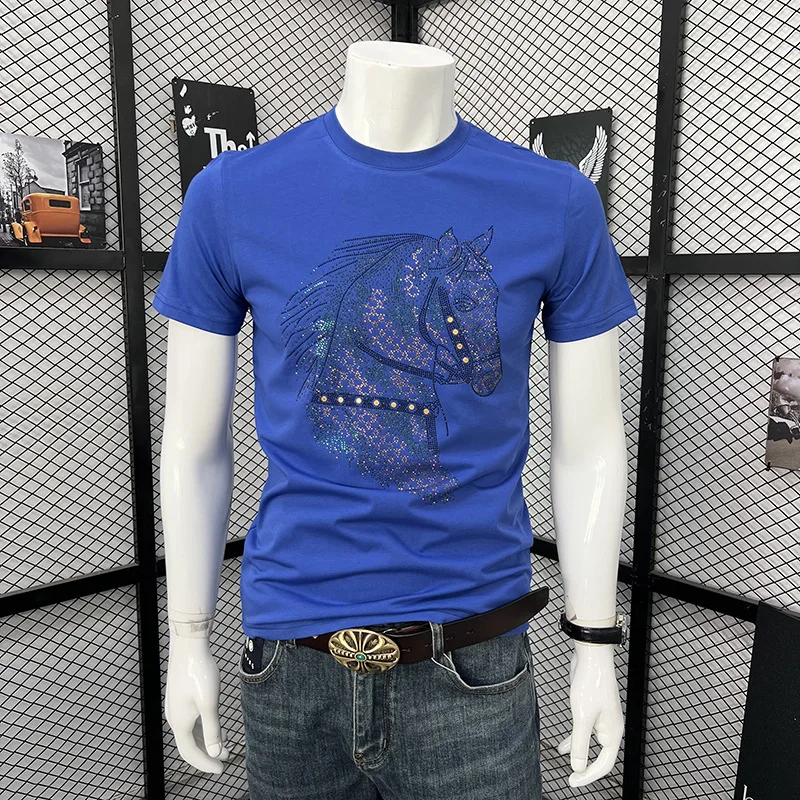 Popular Men's Summer Crew Neck T Shirt Heavy Rhinestone Horse Year Slim Fit Fashion Youth Trendy Versatile Daily Wear Clothing