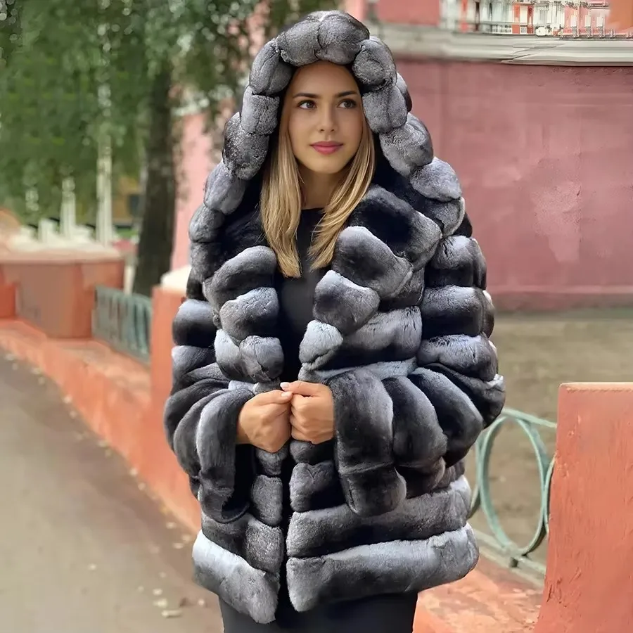 Real Fur Jackets For Women Chinchilla Rex Rabbit Fur Coat With Hood Winter Clothes Woman Luxury Natural Rabbit Fur Coat