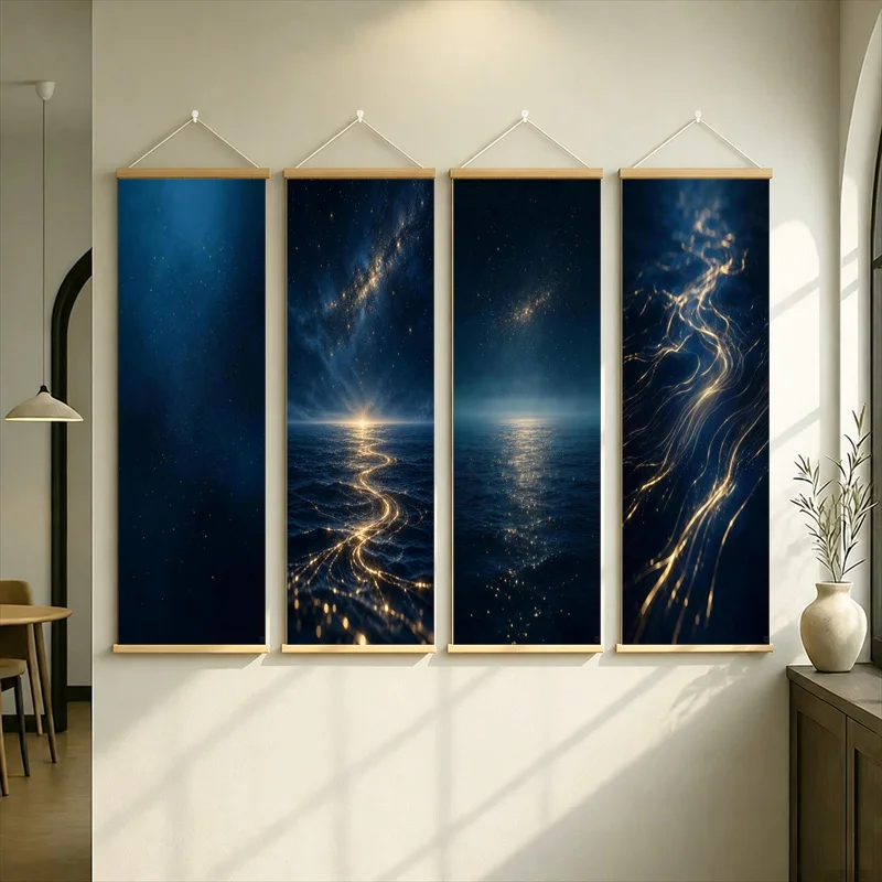 Hanging Scroll Wall Art Silver Shimmer Canvas with Abstract Golden Light and Deep Blue Seascapes for Living Room Decor