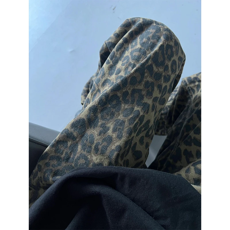 

American Retro Leopard Print Men's Jeans Summer 2024 Slim Straight Long Trendy Brand Cool Street Style Straight Leg Jeans