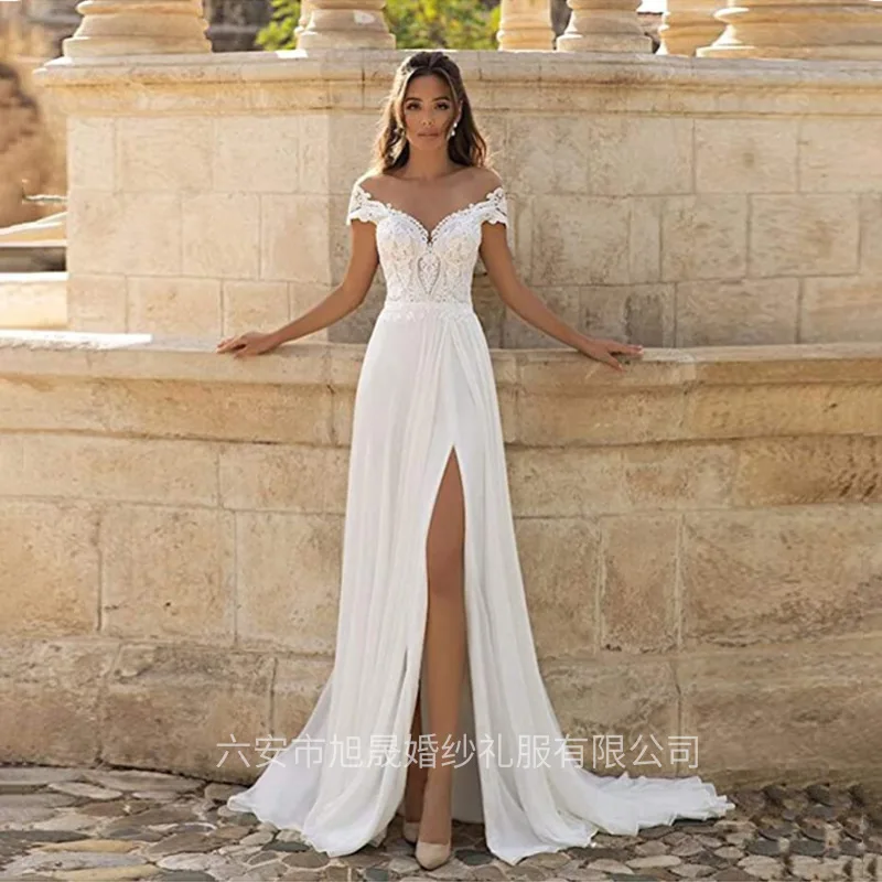 

J29 Women's wedding dress sexy side slit lace applique new year dress beach wedding dress plus size wedding dress