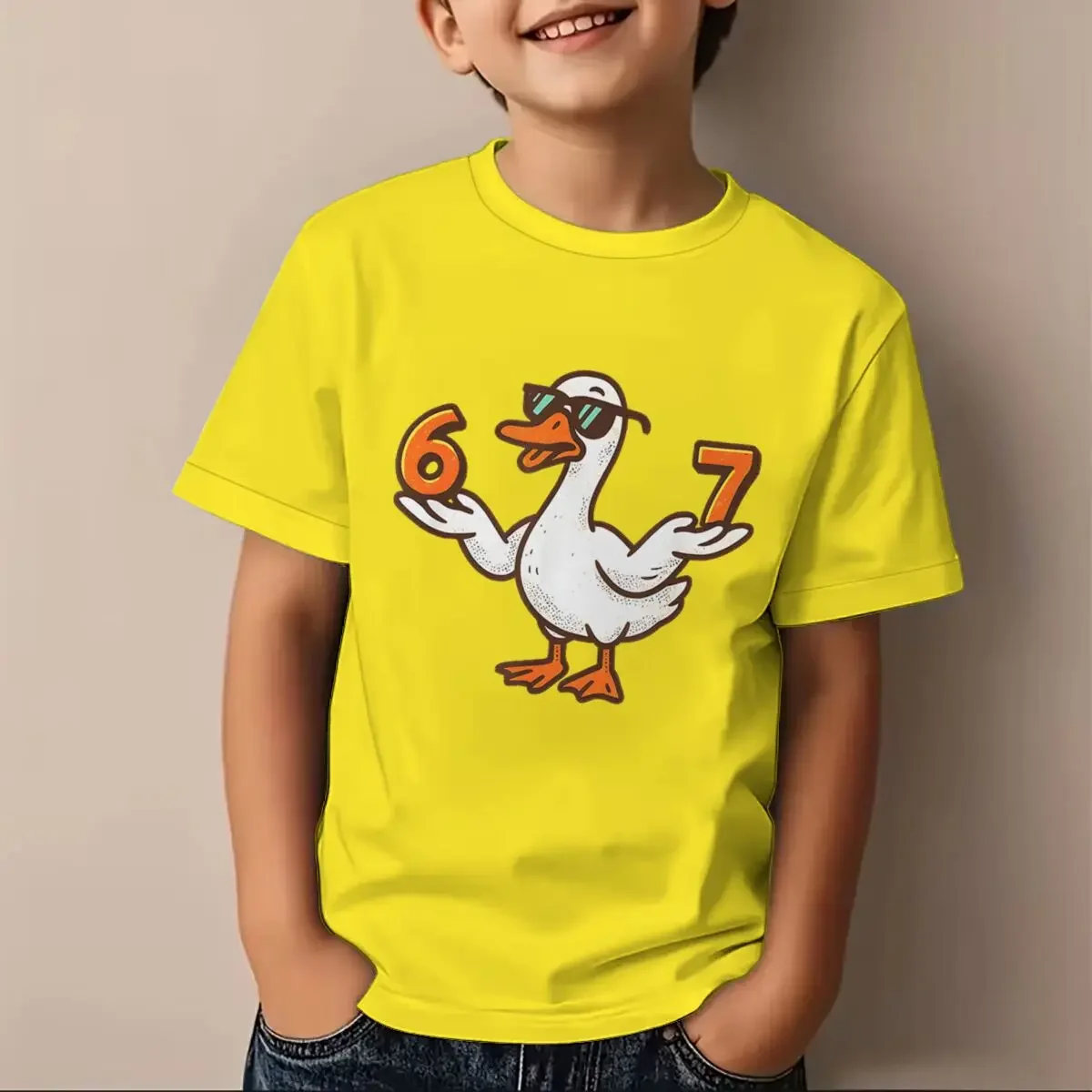 Kids Black Short Sleeve T Shirt Cool Sunglasses Duck Holding Number 67 Graphic Print Crew Neck Casual Summer Tee
