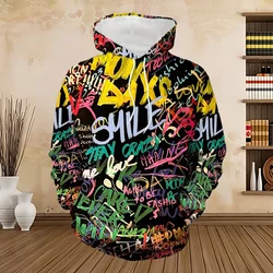 Men's Painted Graffiti Flow Printed Hoodie Casual Trendy Long Sleeve Sports Top Street Men's Colorful Pattern Hoodie Sweatshirt