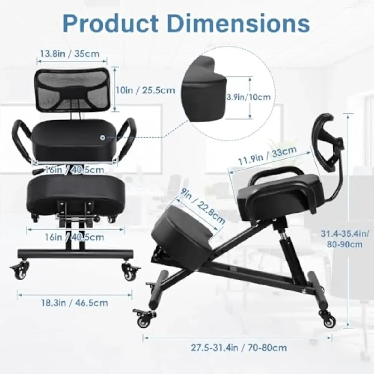 Ergonomic kneeling stool with adjustable height and curved backrest, breathable mesh cushion, 4-position seat and leg support, a