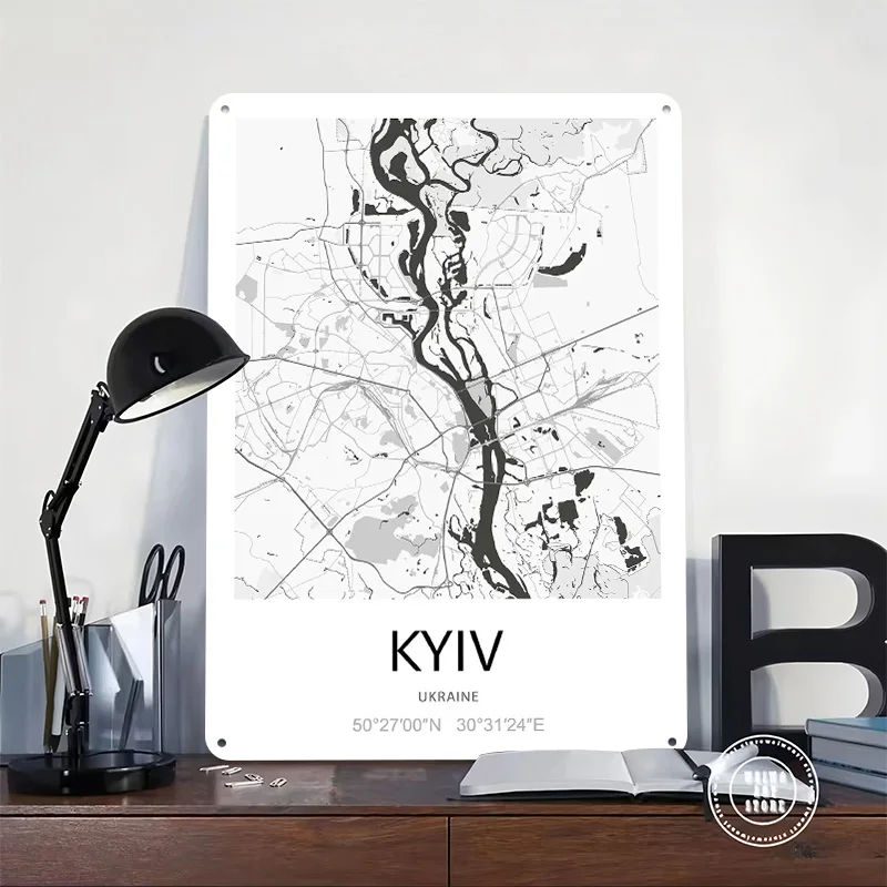Kyiv City Map Printed Poster Customized Retro Wall Art Vintage Metal Tin Signs for Home Office Decor Living Room Decoration Cozy