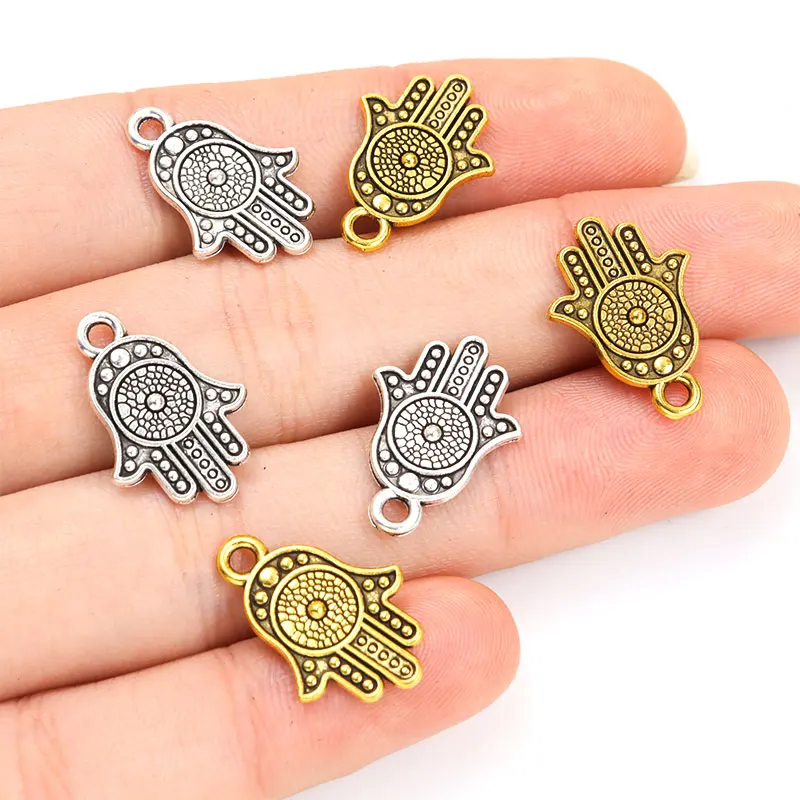 30pcs Fatima Vintage Pattern Charms Hamsa Hand Lucky Eye Antique Gold Silver Color Alloy Pendant Jewelry DIY Keyring Accessories