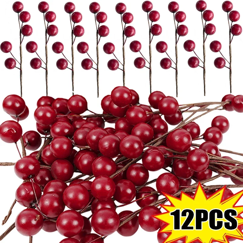 1-12Branches with 5 Heads Artificial Berries Branch Flowers Bouquet Red Holly Berry Stamen Plant Christmas Party Home Decoration