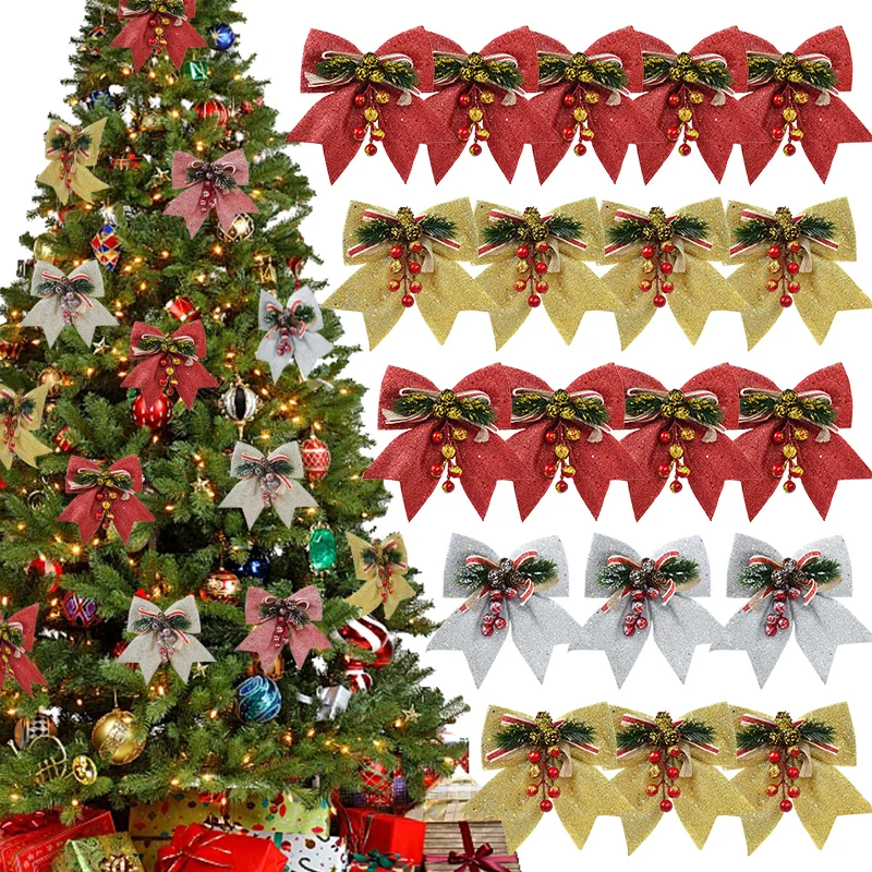Large Christmas Glitter Bow Christmas Tree Hanging Pendants DIY Handmade Bows Merry Xmas Party Decoration New Year Bow Crafts