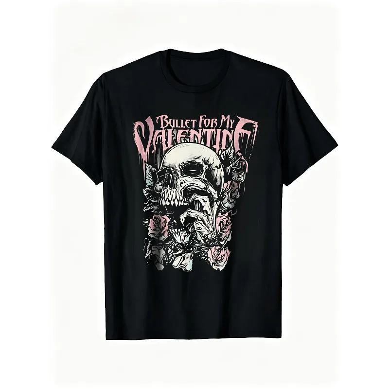 Retro Heavy Metal T-shirt Gothic Skull Rose Bullet Head, Loose Round Neck, Slightly Elastic Fabric