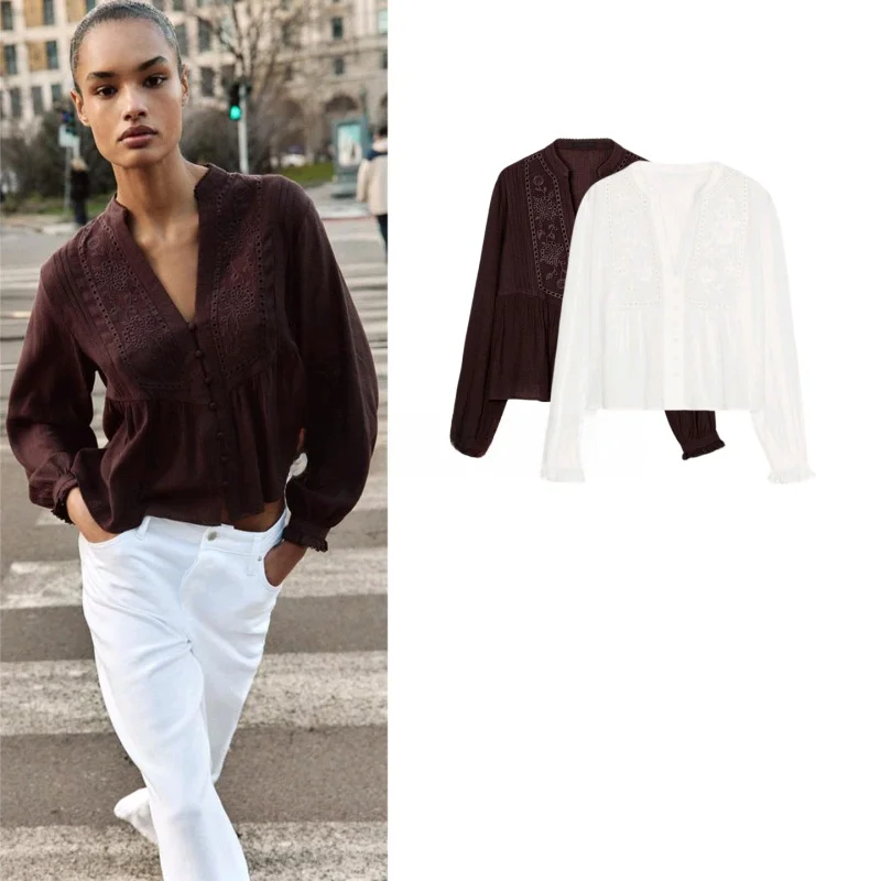 

Spring New Women's Casual Sle Long Sve round Ne Embroidered Layered Decoration irt Loose Fit Polyester Fiber Skin-fr...