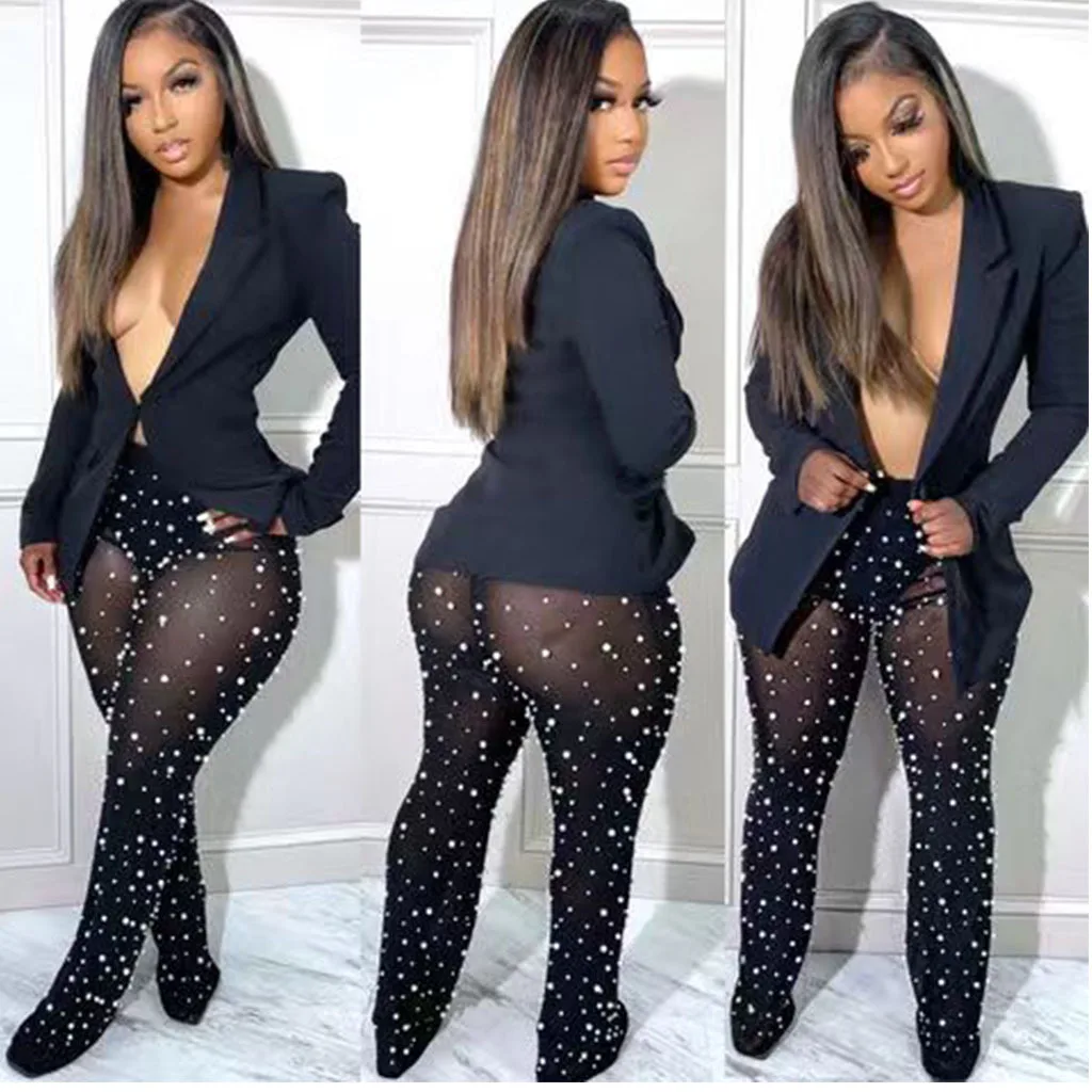 

Elegant Solid Blazer Suits 2 Piece Sey Women Sexy V Neck Coat Top + Beading Sheer Mesh Pants Skinny Ladies Club Matching Set