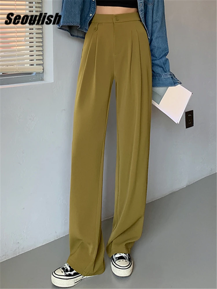 

Seoulish Women's Suit Pants Summer Spring Elegant Elastic High Waist Solid Casual Work Wide Leg Trouses Pants Female 2023 New