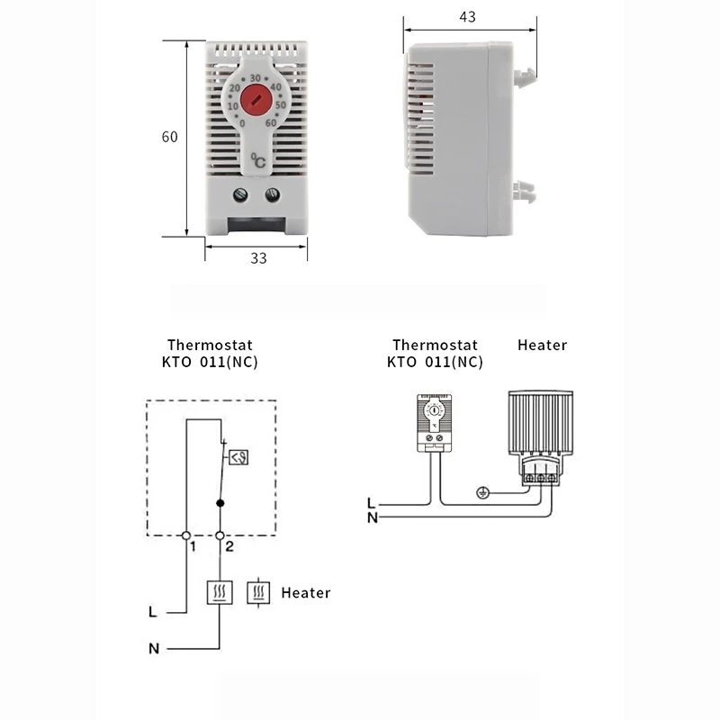 KTO011 Normalnie zamknięty NC Regulowany mechaniczny regulator temperatury Szafka termostatu Din Szyna, Do użytku w ogrzewaniu