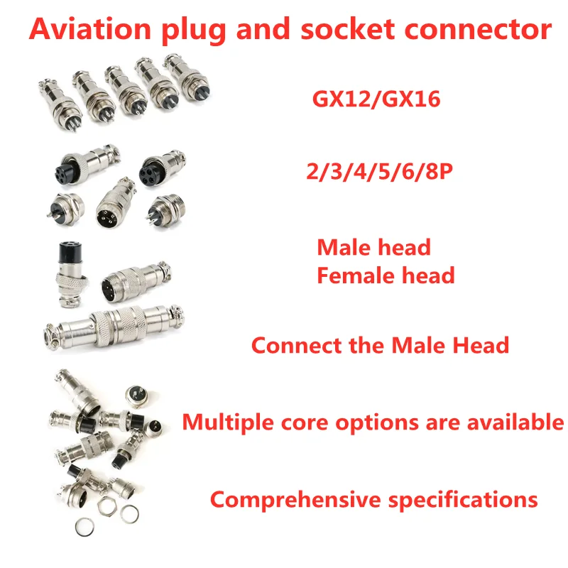 5PCS GX12/GX16 Aviation plug and socket connector 2/3/4/5/6/8P Male head Female head Connect the Male Head 12mm 16mm