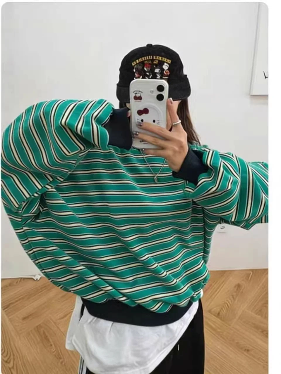 Soft‑girl Retro Striped Crew‑neck Sweatshirt, Drop‑shoulder Oversized Long‑sleeve Top, Spring Autumn Daily Casual Outfit