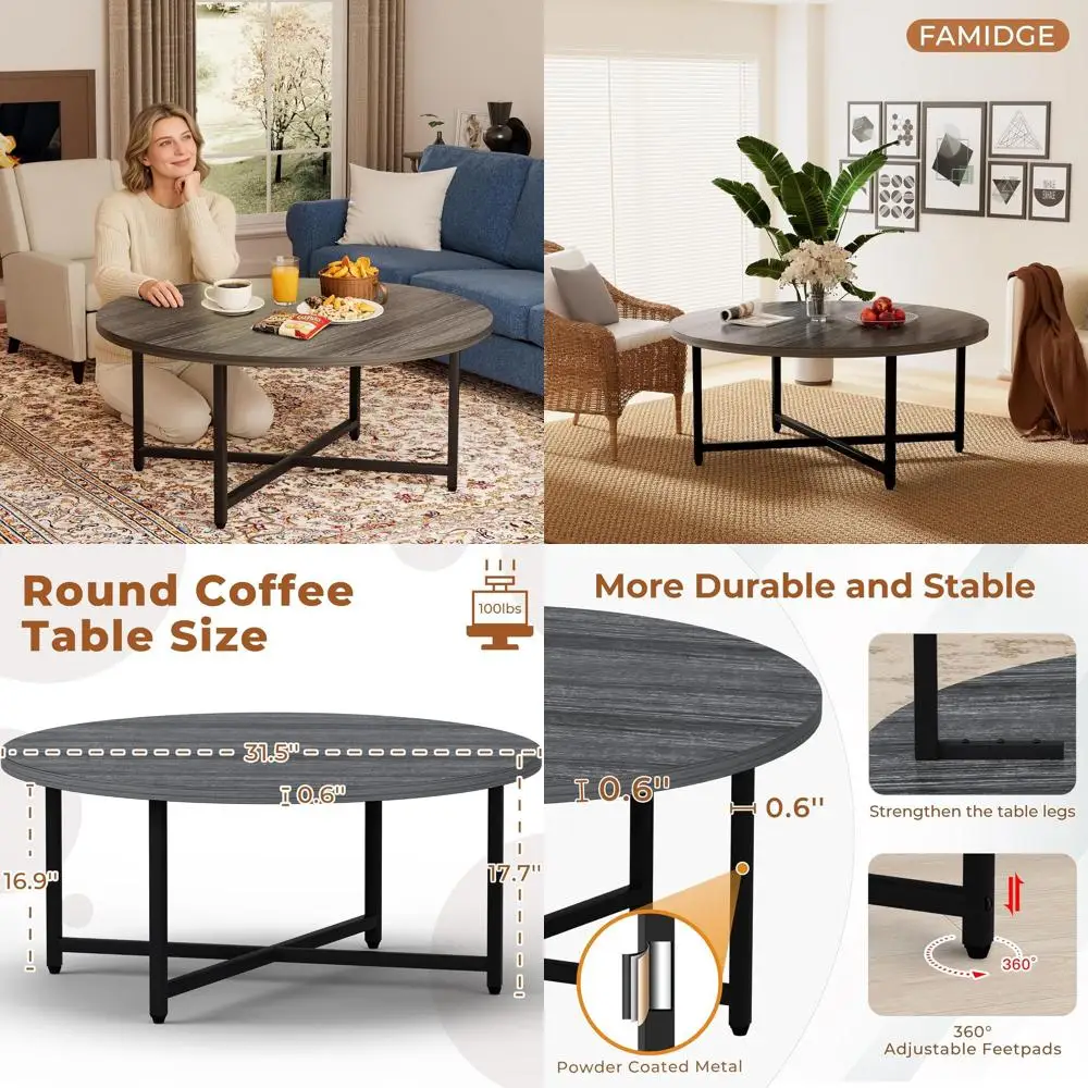 

Большой круглый серый журнальный столик 31,5 для гостиной, внутреннего/наружного использования, офиса, патио, использования в саду