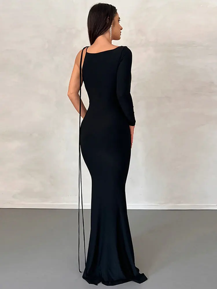 Dulzura Lace Up Long Sleeve One Shoulder Maxi Dress For Women Bodycon Party Elegant Outfits Birthday Evening 2023 Summer image 2